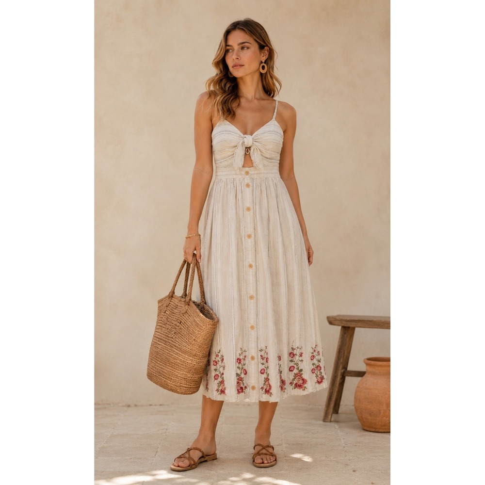 Andree by Unit Midi Dress Sz S Cut Out Embroidered Boho Summer Beachy Cotton - Picture 1 of 14